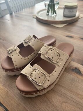 Chinese Laundry Beige Double Buckle Studded Platform Mules